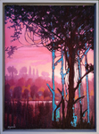 purple and pink sunset with autumn trees and lake and foreground tree