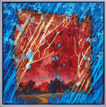 red forest scene surrounded by blue foliage