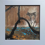 rusted steel seascape with black foreground branches