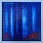 dark blue forest with thick tree trunks