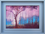 pink sky and blue background trees with single foreground tree