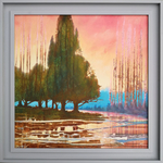 a group of trees stand by a river against orange sunset